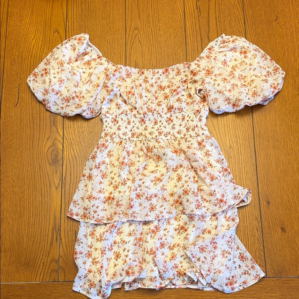 Trixxi Floral Asymmetrical Dress in White and Pink